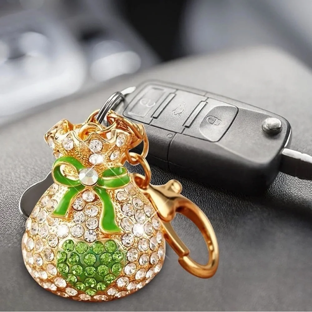 Green Rhinestone Money Bag Keychain Purse Charm Lucky Clover Gold Tone